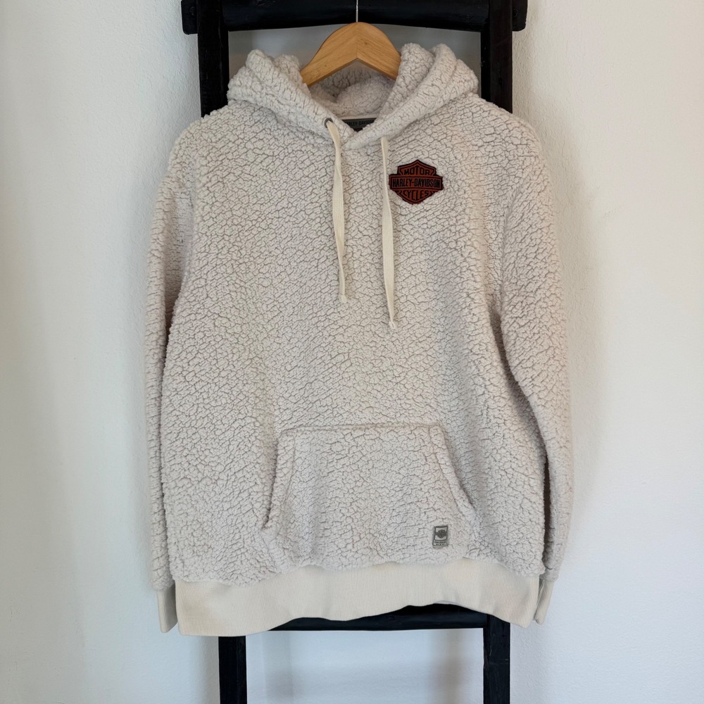 Harley‎ Davidson Womens Sherpa Fleece Hoodie Cream Logo Patch Pockets Size XL